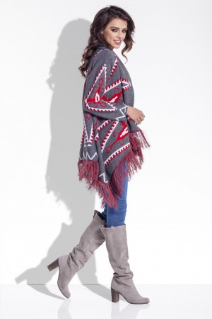 Cardigan de dama cu imprimeu aztec franjurat gri inchis